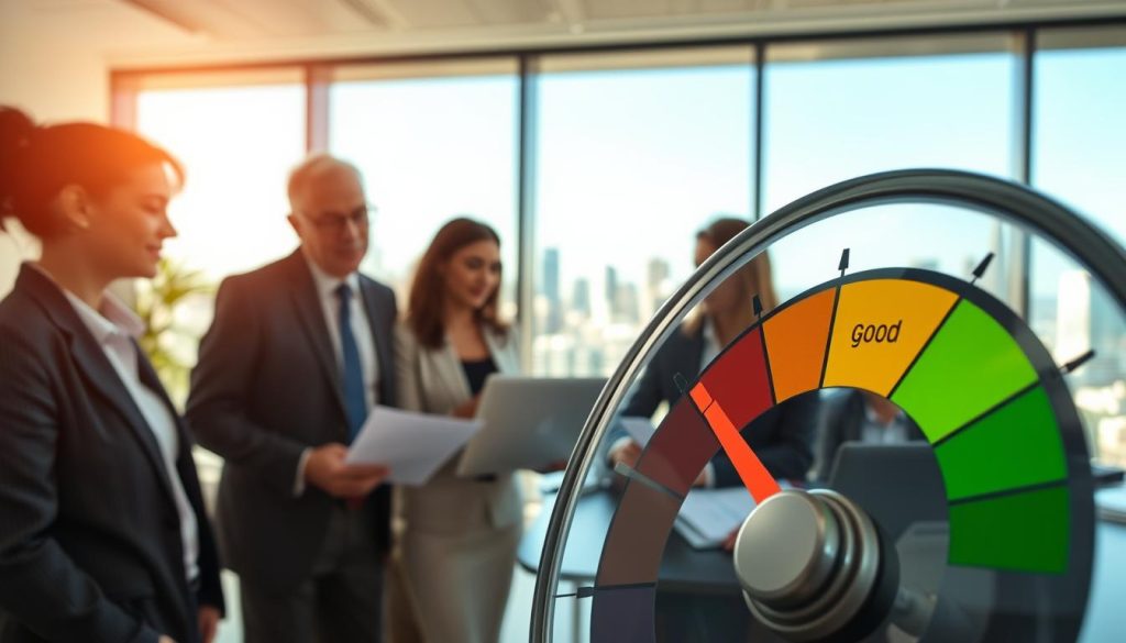 A close-up view of a credit score gauge, prominently featuring a colorful, dynamic needle pointing towards the "Good" range. In the foreground, a diverse group of professionals, wearing business attire, are analyzing financial documents and discussing strategies for improving credit scores. The middle ground should display a modern office setting, with a laptop and financial graphs visible, emphasizing a collaborative environment. In the background, a large window showcases a bright, sunny cityscape, symbolizing opportunities that come with a good credit score. Soft, warm lighting creates an inviting atmosphere, focusing attention on the gauge and the engaged expressions of the individuals. The overall mood is optimistic and focused, highlighting the importance of credit scores in financial success. A close-up view of a credit score gauge, prominently featuring a colorful, dynamic needle pointing towards the "Good" range. In the foreground, a diverse group of professionals, wearing business attire, are analyzing financial documents and discussing strategies for improving credit scores. The middle ground should display a modern office setting, with a laptop and financial graphs visible, emphasizing a collaborative environment. In the background, a large window showcases a bright, sunny cityscape, symbolizing opportunities that come with a good credit score. Soft, warm lighting creates an inviting atmosphere, focusing attention on the gauge and the engaged expressions of the individuals. The overall mood is optimistic and focused, highlighting the importance of credit scores in financial success.