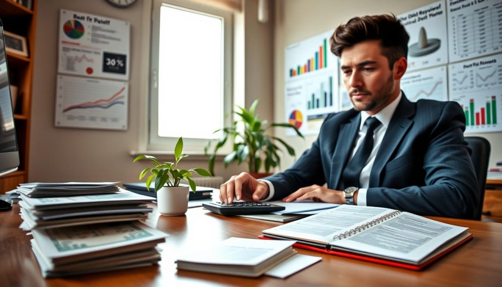 A cozy, inviting home office setting, featuring a person in professional business attire sitting at a desk, deeply focused on their financial planning. In the foreground, stacks of bills, a calculator, and a notepad filled with budgeting notes demonstrate a strategic approach to debt repayment. The middle ground shows a green plant symbolizing growth and prosperity, while colorful charts and graphs adorn the wall, illustrating effective repayment strategies. The background includes a softly lit window with natural light streaming in, casting warmth throughout the room. The atmosphere is motivational and focused, encouraging viewers to take control of their finances and find additional resources for debt payoff. The angle is slightly elevated, capturing both the desk's surface and the wall graphics effectively, maintaining a clear and organized composition. A cozy, inviting home office setting, featuring a person in professional business attire sitting at a desk, deeply focused on their financial planning. In the foreground, stacks of bills, a calculator, and a notepad filled with budgeting notes demonstrate a strategic approach to debt repayment. The middle ground shows a green plant symbolizing growth and prosperity, while colorful charts and graphs adorn the wall, illustrating effective repayment strategies. The background includes a softly lit window with natural light streaming in, casting warmth throughout the room. The atmosphere is motivational and focused, encouraging viewers to take control of their finances and find additional resources for debt payoff. The angle is slightly elevated, capturing both the desk's surface and the wall graphics effectively, maintaining a clear and organized composition.