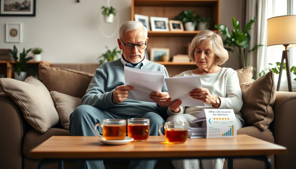 A cozy living room scene, focusing on an older couple seated comfortably on a plush sofa, reviewing insurance documents together. The man is dressed in a smart casual outfit with a sweater, and the woman is in a modest blouse. On a nearby coffee table, there are cups of tea and financial pamphlets showcasing affordable life insurance options for seniors. Soft, warm lighting fills the room, highlighting their focused expressions and approachable atmosphere. In the background, a bookshelf filled with family photos and plants adds a personal touch, evoking feelings of security and trust. The overall mood is reassuring and informative, designed to resonate with seniors considering their insurance options. A cozy living room scene, focusing on an older couple seated comfortably on a plush sofa, reviewing insurance documents together. The man is dressed in a smart casual outfit with a sweater, and the woman is in a modest blouse. On a nearby coffee table, there are cups of tea and financial pamphlets showcasing affordable life insurance options for seniors. Soft, warm lighting fills the room, highlighting their focused expressions and approachable atmosphere. In the background, a bookshelf filled with family photos and plants adds a personal touch, evoking feelings of security and trust. The overall mood is reassuring and informative, designed to resonate with seniors considering their insurance options.