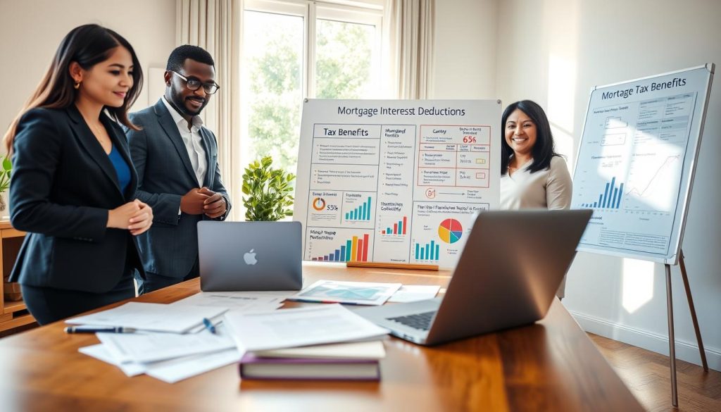 A cozy, sunlit home office setting in the foreground, featuring a diverse group of three professionals—an Asian woman, a Black man, and a Hispanic woman—dressed in smart business attire, gathered around a wooden table covered with tax documents and a laptop. In the middle ground, a large whiteboard displays colorful charts and graphs illustrating mortgage interest deductions and tax benefits. The background shows a bright window with greenery outside, suggesting a positive and productive atmosphere. Soft, natural lighting filters through, casting gentle shadows to create a warm, inviting feel. The scene conveys collaboration and optimism, reflecting the theme of financial empowerment through mortgage tax benefits. A cozy, sunlit home office setting in the foreground, featuring a diverse group of three professionals—an Asian woman, a Black man, and a Hispanic woman—dressed in smart business attire, gathered around a wooden table covered with tax documents and a laptop. In the middle ground, a large whiteboard displays colorful charts and graphs illustrating mortgage interest deductions and tax benefits. The background shows a bright window with greenery outside, suggesting a positive and productive atmosphere. Soft, natural lighting filters through, casting gentle shadows to create a warm, inviting feel. The scene conveys collaboration and optimism, reflecting the theme of financial empowerment through mortgage tax benefits.