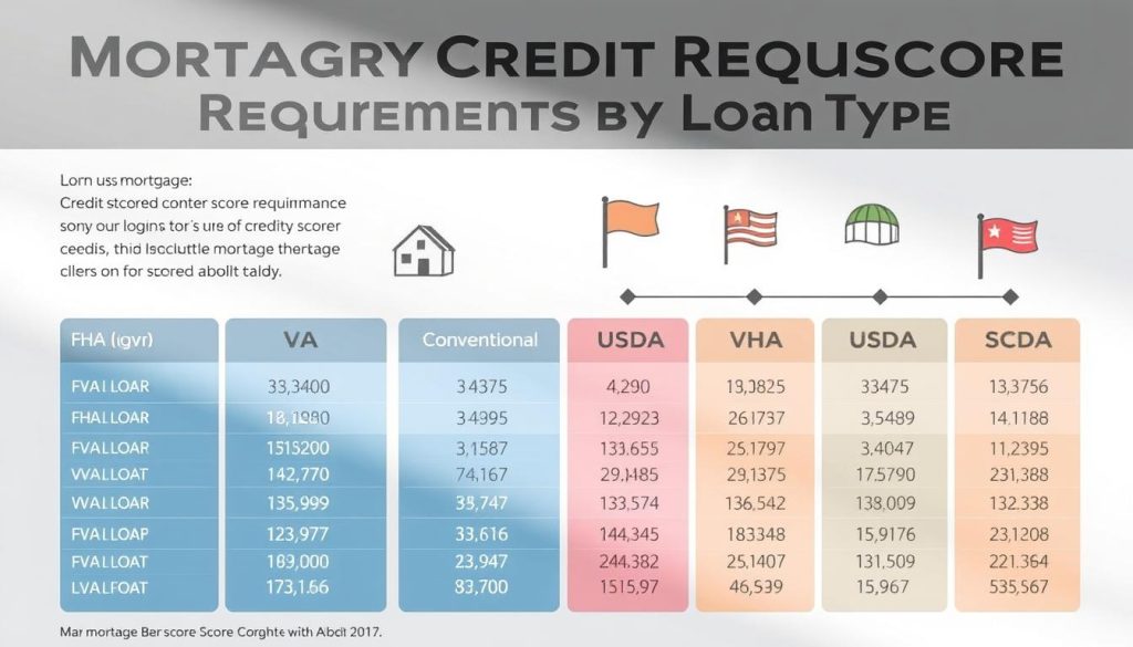 A detailed and informative infographic illustrating "Mortgage Credit Score Requirements by Loan Type." In the foreground, include distinct sections for various loan types such as FHA, VA, Conventional, and USDA loans, each with numerical credit score thresholds depicted in a visually appealing manner. In the middle ground, weave in simplified icons to represent each loan type—like a house for FHA and a flag for VA loans. The background should feature a muted, professional color scheme, evoking a sense of trust and stability, with soft gradients that enhance readability. Use soft, natural lighting to illuminate the information. The atmosphere should be clear and straightforward, facilitating quick understanding for readers seeking mortgage information without distractions. A detailed and informative infographic illustrating "Mortgage Credit Score Requirements by Loan Type." In the foreground, include distinct sections for various loan types such as FHA, VA, Conventional, and USDA loans, each with numerical credit score thresholds depicted in a visually appealing manner. In the middle ground, weave in simplified icons to represent each loan type—like a house for FHA and a flag for VA loans. The background should feature a muted, professional color scheme, evoking a sense of trust and stability, with soft gradients that enhance readability. Use soft, natural lighting to illuminate the information. The atmosphere should be clear and straightforward, facilitating quick understanding for readers seeking mortgage information without distractions.