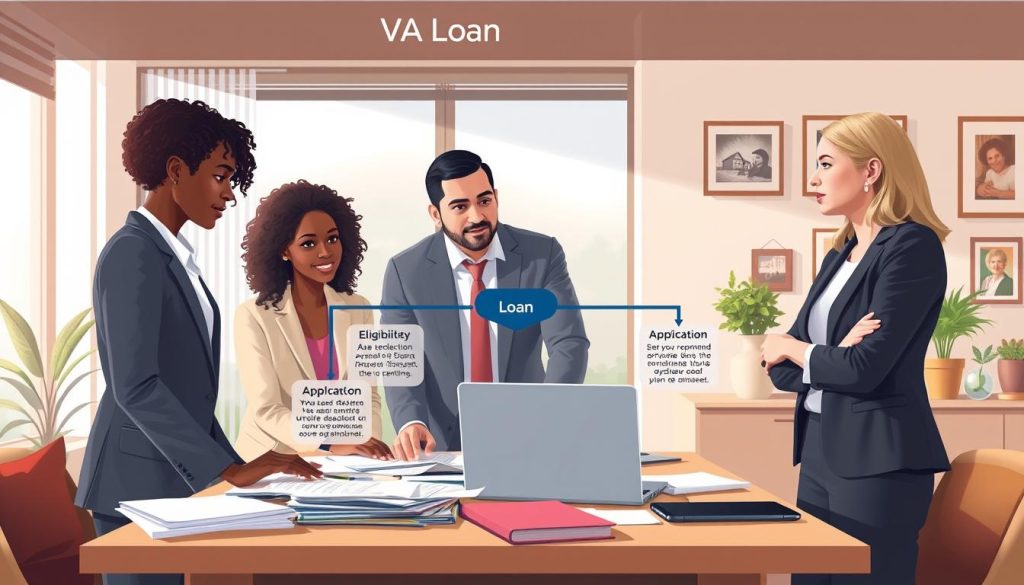 A detailed illustration of the VA Loan process, featuring a professional setting in a well-lit office environment. In the foreground, a diverse group of three individuals—an African American woman and a Hispanic man in business attire, and a Caucasian woman in smart, modest casual clothing—are engaging in a discussion around a table cluttered with documents and a laptop. In the middle, a visual flowchart displaying the VA Loan steps, such as eligibility assessment, application, and approval, is emphasized. The background showcases a large window with natural light streaming in, paired with decor that suggests a welcoming atmosphere, like houseplants and framed family photos. The image conveys a sense of collaboration, optimism, and determination in overcoming financial challenges on the path to homeownership. A detailed illustration of the VA Loan process, featuring a professional setting in a well-lit office environment. In the foreground, a diverse group of three individuals—an African American woman and a Hispanic man in business attire, and a Caucasian woman in smart, modest casual clothing—are engaging in a discussion around a table cluttered with documents and a laptop. In the middle, a visual flowchart displaying the VA Loan steps, such as eligibility assessment, application, and approval, is emphasized. The background showcases a large window with natural light streaming in, paired with decor that suggests a welcoming atmosphere, like houseplants and framed family photos. The image conveys a sense of collaboration, optimism, and determination in overcoming financial challenges on the path to homeownership.