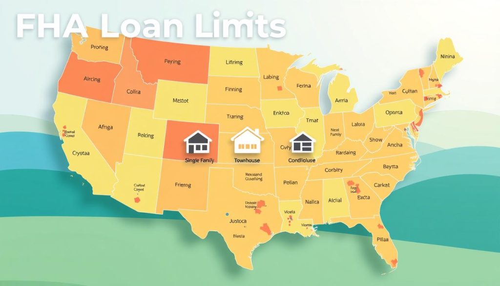 A detailed infographic illustrating FHA loan limits by county across the United States. In the foreground, a color-coded map highlights different counties with varying loan limits using vibrant shades. The middle layer features clear, labeled icons that represent different housing types, such as single-family homes, townhouses, and condominiums. In the background, gentle gradients evoke a sense of stability and trust, incorporating blues and greens. Soft, natural lighting enhances the clarity of the map and icons, with a slight shadow for depth. The overall mood should convey a sense of accessibility and opportunity in homeownership. The image is designed to be professional and informative, free of any text overlays or branding elements. A detailed infographic illustrating FHA loan limits by county across the United States. In the foreground, a color-coded map highlights different counties with varying loan limits using vibrant shades. The middle layer features clear, labeled icons that represent different housing types, such as single-family homes, townhouses, and condominiums. In the background, gentle gradients evoke a sense of stability and trust, incorporating blues and greens. Soft, natural lighting enhances the clarity of the map and icons, with a slight shadow for depth. The overall mood should convey a sense of accessibility and opportunity in homeownership. The image is designed to be professional and informative, free of any text overlays or branding elements.