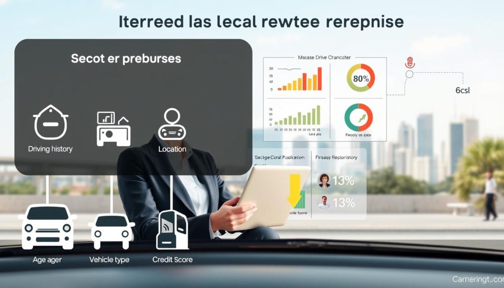 A detailed infographic illustrating the factors affecting car insurance premiums. In the foreground, include icons representing age, driving history, location, vehicle type, and credit score—stylized and color-coded for clarity. In the middle ground, a professional woman in business attire reviews data on a laptop, surrounded by charts and statistics that highlight these various factors. The background features a clear sky and a city skyline, symbolizing the urban environment where most insurance assessments take place. Use soft, natural lighting to create a professional yet approachable atmosphere. The composition should be neatly organized, ensuring a balanced layout that is visually engaging and informative. A detailed infographic illustrating the factors affecting car insurance premiums. In the foreground, include icons representing age, driving history, location, vehicle type, and credit score—stylized and color-coded for clarity. In the middle ground, a professional woman in business attire reviews data on a laptop, surrounded by charts and statistics that highlight these various factors. The background features a clear sky and a city skyline, symbolizing the urban environment where most insurance assessments take place. Use soft, natural lighting to create a professional yet approachable atmosphere. The composition should be neatly organized, ensuring a balanced layout that is visually engaging and informative.