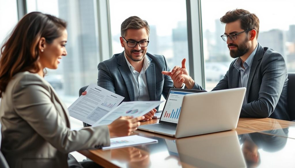 A diverse group of three professionals seated at a conference table, engaged in a discussion. In the foreground, a woman in a smart business suit is pointing at a mortgage application document, while a man in a collared shirt looks thoughtfully at a laptop displaying financial charts. In the middle, a supportive lender in a blazer gestures reassuringly, providing guidance on qualifying for a mortgage despite low credit scores. The background features a well-lit modern office with large windows, showcasing a city skyline. Soft natural light filters in, creating a warm and encouraging atmosphere. The focus is on collaboration and determination, with expressions showing hope and professionalism. The composition captures the essence of strategic planning in finance. A diverse group of three professionals seated at a conference table, engaged in a discussion. In the foreground, a woman in a smart business suit is pointing at a mortgage application document, while a man in a collared shirt looks thoughtfully at a laptop displaying financial charts. In the middle, a supportive lender in a blazer gestures reassuringly, providing guidance on qualifying for a mortgage despite low credit scores. The background features a well-lit modern office with large windows, showcasing a city skyline. Soft natural light filters in, creating a warm and encouraging atmosphere. The focus is on collaboration and determination, with expressions showing hope and professionalism. The composition captures the essence of strategic planning in finance.