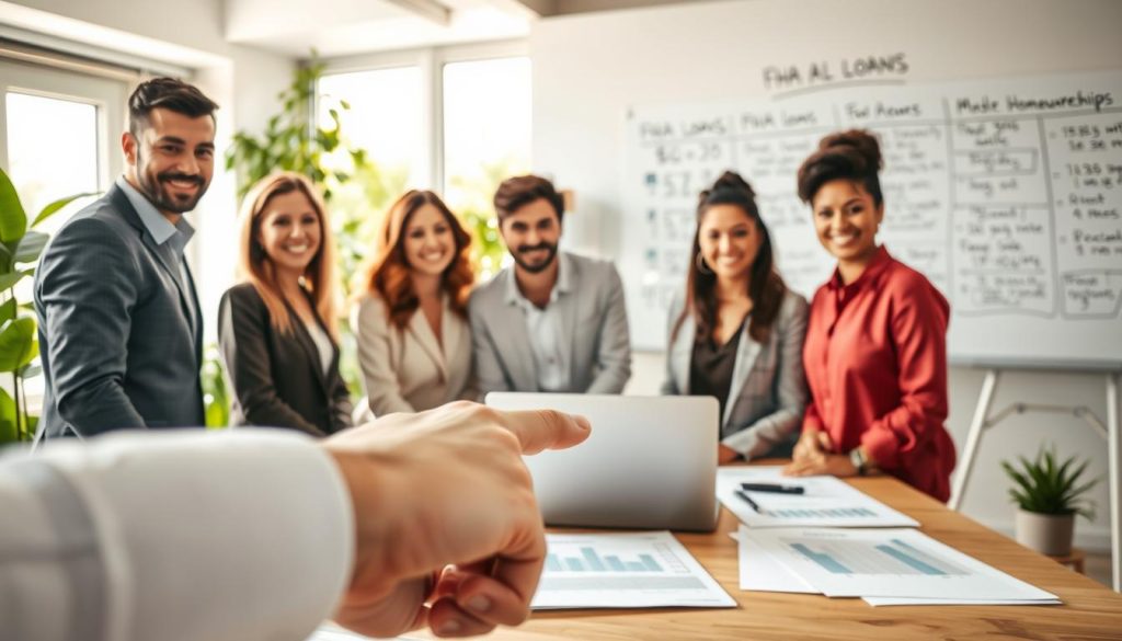 A friendly, professional team of diverse individuals of various ages and ethnicities, wearing smart casual attire, gathered around a table filled with documents and a laptop, discussing FHA loan benefits. In the foreground, a close-up of a hand pointing at a chart showing rising homeownership rates. In the middle, a welcoming office environment with a large window letting in bright natural light, surrounded by houseplants, creating a warm and inviting atmosphere. In the background, a whiteboard covered in notes and graphs about FHA loans, emphasizing the financial advantages of homeownership. The overall mood is optimistic and collaborative, capturing the essence of security and opportunity that FHA loans provide to aspiring homeowners. A friendly, professional team of diverse individuals of various ages and ethnicities, wearing smart casual attire, gathered around a table filled with documents and a laptop, discussing FHA loan benefits. In the foreground, a close-up of a hand pointing at a chart showing rising homeownership rates. In the middle, a welcoming office environment with a large window letting in bright natural light, surrounded by houseplants, creating a warm and inviting atmosphere. In the background, a whiteboard covered in notes and graphs about FHA loans, emphasizing the financial advantages of homeownership. The overall mood is optimistic and collaborative, capturing the essence of security and opportunity that FHA loans provide to aspiring homeowners.