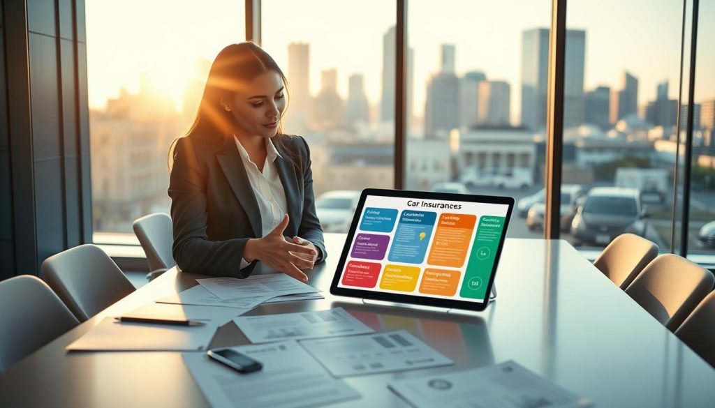 A modern office environment depicting a diverse group of three professionals discussing car insurance coverage options. In the foreground, a female insurance agent, dressed in professional business attire, gestures towards a colorful infographic displayed on a digital tablet, illustrating various coverage types like liability, collision, and comprehensive insurance. The middle ground features a large conference table with scattered documents, highlighting details of different car insurance plans. In the background, a large window offers a view of a city skyline bathed in warm afternoon sunlight, creating a bright and inviting atmosphere. The mood is focused and collaborative, emphasizing the importance of understanding coverage options for optimal protection. The composition should maintain a clean, polished look, capturing the essence of a professional setting. A modern office environment depicting a diverse group of three professionals discussing car insurance coverage options. In the foreground, a female insurance agent, dressed in professional business attire, gestures towards a colorful infographic displayed on a digital tablet, illustrating various coverage types like liability, collision, and comprehensive insurance. The middle ground features a large conference table with scattered documents, highlighting details of different car insurance plans. In the background, a large window offers a view of a city skyline bathed in warm afternoon sunlight, creating a bright and inviting atmosphere. The mood is focused and collaborative, emphasizing the importance of understanding coverage options for optimal protection. The composition should maintain a clean, polished look, capturing the essence of a professional setting.