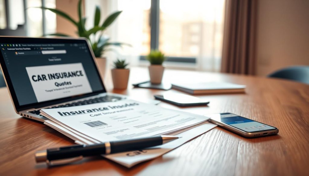 A modern workspace featuring a sleek wooden desk with a laptop displaying car insurance quotes. In the foreground, a close-up of various insurance documents neatly stacked next to a stylish pen and a calculator. The midground includes a potted plant for a touch of greenery, and a smartphone showing a car insurance comparison app. The background has a soft-focused window letting in warm, natural light that creates an inviting atmosphere. The mood is professional and organized, suggesting efficiency and attention to detail. Use a shallow depth of field to emphasize the desk items, with a light bokeh effect to add warmth. The angle should be a slightly elevated perspective, capturing the essence of preparing for getting quotes online. A modern workspace featuring a sleek wooden desk with a laptop displaying car insurance quotes. In the foreground, a close-up of various insurance documents neatly stacked next to a stylish pen and a calculator. The midground includes a potted plant for a touch of greenery, and a smartphone showing a car insurance comparison app. The background has a soft-focused window letting in warm, natural light that creates an inviting atmosphere. The mood is professional and organized, suggesting efficiency and attention to detail. Use a shallow depth of field to emphasize the desk items, with a light bokeh effect to add warmth. The angle should be a slightly elevated perspective, capturing the essence of preparing for getting quotes online.