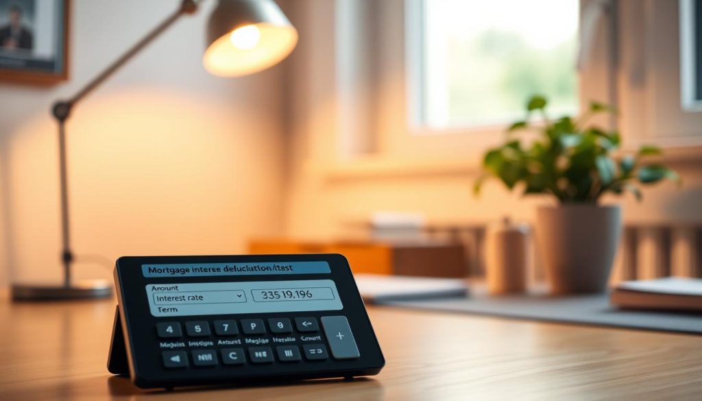 A professional and inviting mortgage interest deduction calculator interface, displayed prominently in the foreground. The calculator features a sleek design with interactive buttons and a digital screen showing simple inputs for mortgage amount, interest rate, and term. Surrounding the calculator, a blurred scene of a cozy home office with a wooden desk, modern desk lamp casting warm light, and a small potted plant for a touch of greenery in the background. Soft, natural light filters in from a nearby window, creating a calm and encouraging atmosphere. The angle of the shot is slightly above the calculator, focusing on its functionalities, inviting viewers to engage with the topic of tax savings. A professional and inviting mortgage interest deduction calculator interface, displayed prominently in the foreground. The calculator features a sleek design with interactive buttons and a digital screen showing simple inputs for mortgage amount, interest rate, and term. Surrounding the calculator, a blurred scene of a cozy home office with a wooden desk, modern desk lamp casting warm light, and a small potted plant for a touch of greenery in the background. Soft, natural light filters in from a nearby window, creating a calm and encouraging atmosphere. The angle of the shot is slightly above the calculator, focusing on its functionalities, inviting viewers to engage with the topic of tax savings.