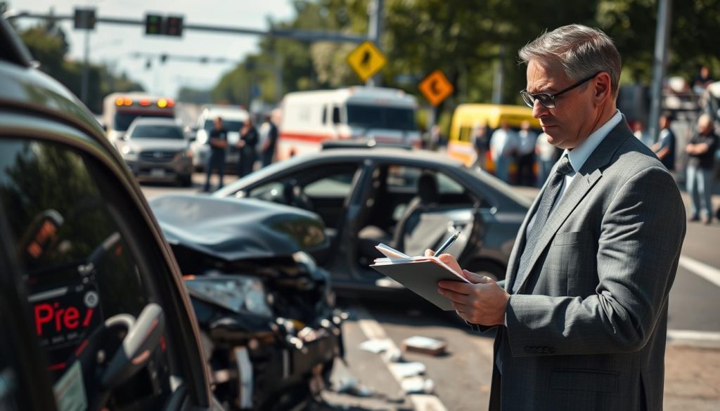 A professional car accident insurance adjuster inspecting a vehicle at the scene of an accident. In the foreground, a middle-aged man in a tailored suit, holding a clipboard and pen, examines the damaged car with a focused expression. In the middle ground, the wrecked vehicle shows signs of a collision with crumpled metal and broken glass, while a road sign indicating a busy street can be partially seen. In the background, emergency vehicles with flashing lights are parked, and concerned bystanders watch from a safe distance. The lighting is natural, suggesting a sunny day with soft shadows, and the scene is captured with a slightly low angle to emphasize the adjuster's professionalism amidst the chaos. The atmosphere conveys a sense of urgency yet professionalism, reflecting the serious nature of insurance claims in the aftermath of an accident. A professional car accident insurance adjuster inspecting a vehicle at the scene of an accident. In the foreground, a middle-aged man in a tailored suit, holding a clipboard and pen, examines the damaged car with a focused expression. In the middle ground, the wrecked vehicle shows signs of a collision with crumpled metal and broken glass, while a road sign indicating a busy street can be partially seen. In the background, emergency vehicles with flashing lights are parked, and concerned bystanders watch from a safe distance. The lighting is natural, suggesting a sunny day with soft shadows, and the scene is captured with a slightly low angle to emphasize the adjuster's professionalism amidst the chaos. The atmosphere conveys a sense of urgency yet professionalism, reflecting the serious nature of insurance claims in the aftermath of an accident.