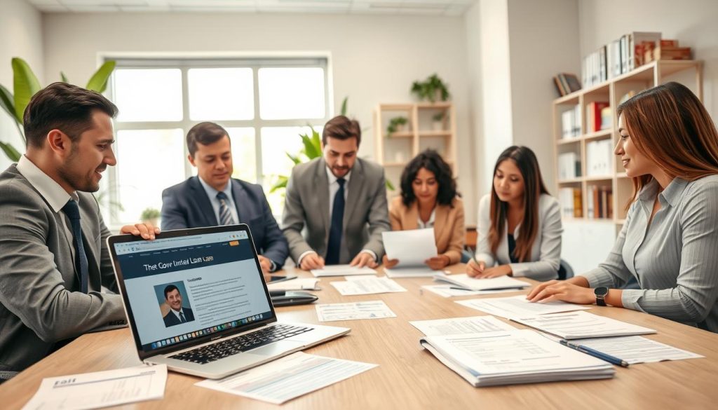 A professional office setting depicting the government-backed loan application process. In the foreground, a diverse group of individuals in business attire, including men and women of various ethnic backgrounds, attentively reviewing documents and discussing options over a conference table. In the middle, an open laptop displaying a government loan website, alongside organized paperwork including forms and checklists for applications. The background features a bright, well-lit office space with large windows, plants, and shelves filled with financial books. Soft, natural lighting enhances the atmosphere, creating a sense of collaboration and focus. The angle is slightly overhead, providing an inclusive view of the teamwork involved in securing financing through government-backed loans. A professional office setting depicting the government-backed loan application process. In the foreground, a diverse group of individuals in business attire, including men and women of various ethnic backgrounds, attentively reviewing documents and discussing options over a conference table. In the middle, an open laptop displaying a government loan website, alongside organized paperwork including forms and checklists for applications. The background features a bright, well-lit office space with large windows, plants, and shelves filled with financial books. Soft, natural lighting enhances the atmosphere, creating a sense of collaboration and focus. The angle is slightly overhead, providing an inclusive view of the teamwork involved in securing financing through government-backed loans.
