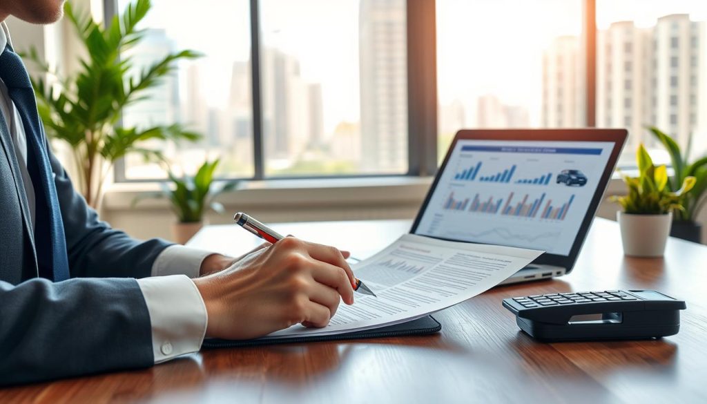 A professional office setting where a person in business attire is reviewing a car insurance policy document on a sleek wooden desk. The foreground features a close-up of the hands holding a policy and a pen, with a notepad and calculator beside it. In the middle, there is a laptop open, displaying graphs and statistics related to car insurance. The background consists of a large window showing a sunny urban landscape, with soft green plants adorning the edges of the space, creating a calm and focused atmosphere. The lighting is bright and natural, enhancing the clarity of the scene. The mood is serious yet productive, reflecting the importance of reviewing insurance details. A professional office setting where a person in business attire is reviewing a car insurance policy document on a sleek wooden desk. The foreground features a close-up of the hands holding a policy and a pen, with a notepad and calculator beside it. In the middle, there is a laptop open, displaying graphs and statistics related to car insurance. The background consists of a large window showing a sunny urban landscape, with soft green plants adorning the edges of the space, creating a calm and focused atmosphere. The lighting is bright and natural, enhancing the clarity of the scene. The mood is serious yet productive, reflecting the importance of reviewing insurance details.