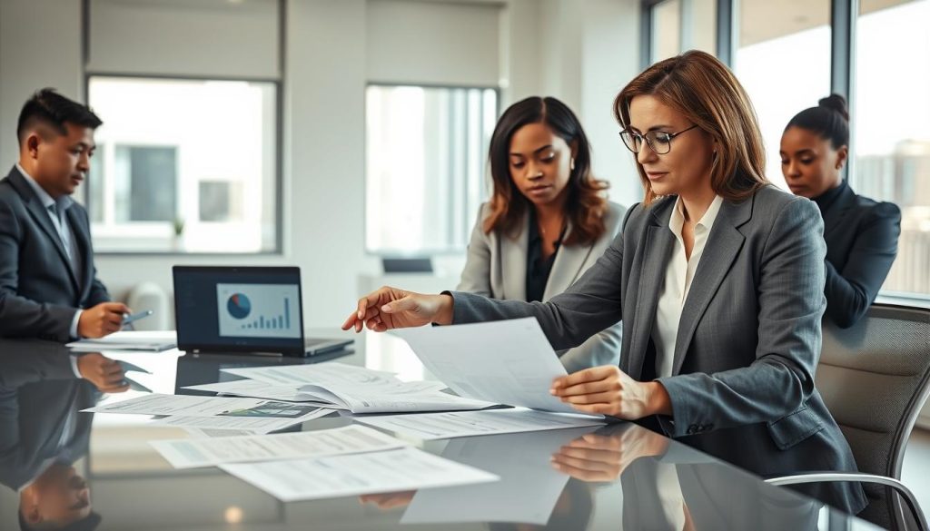 A professional setting depicting a diverse group of three individuals engaged in a discussion about mortgage interest deductions. In the foreground, a middle-aged Caucasian woman in a smart blazer is pointing at financial documents spread on a sleek conference table, with a focused expression. To her left, a young Asian man in a tailored suit is taking notes, while a Black woman in professional attire looks thoughtfully at a laptop screen displaying graphs illustrating tax benefits. The background shows a bright, modern office with large windows letting in natural light, creating an optimistic atmosphere. The composition captures the seriousness of financial discussions, evoking a mood of clarity and make-shift collaboration in avoiding common pitfalls. A professional setting depicting a diverse group of three individuals engaged in a discussion about mortgage interest deductions. In the foreground, a middle-aged Caucasian woman in a smart blazer is pointing at financial documents spread on a sleek conference table, with a focused expression. To her left, a young Asian man in a tailored suit is taking notes, while a Black woman in professional attire looks thoughtfully at a laptop screen displaying graphs illustrating tax benefits. The background shows a bright, modern office with large windows letting in natural light, creating an optimistic atmosphere. The composition captures the seriousness of financial discussions, evoking a mood of clarity and make-shift collaboration in avoiding common pitfalls.