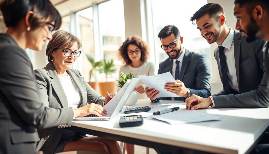 A professional setting displaying a diverse group of individuals collaborating on loan approval strategies. In the foreground, a middle-aged woman in a smart business outfit, reviewing a loan application on her laptop, showing a focused expression. Beside her, a young man in a tailored suit takes notes on a notepad, highlighting key points. In the middle, a table with documents, financial calculators, and a potted plant for a touch of warmth. In the background, a bright, modern office with large windows allowing natural light to illuminate the space, creating an inviting atmosphere. Soft shadows are cast, enhancing the professionalism of the environment. The overall mood is optimistic and collaborative, emphasizing teamwork in achieving loan approval. A professional setting displaying a diverse group of individuals collaborating on loan approval strategies. In the foreground, a middle-aged woman in a smart business outfit, reviewing a loan application on her laptop, showing a focused expression. Beside her, a young man in a tailored suit takes notes on a notepad, highlighting key points. In the middle, a table with documents, financial calculators, and a potted plant for a touch of warmth. In the background, a bright, modern office with large windows allowing natural light to illuminate the space, creating an inviting atmosphere. Soft shadows are cast, enhancing the professionalism of the environment. The overall mood is optimistic and collaborative, emphasizing teamwork in achieving loan approval.