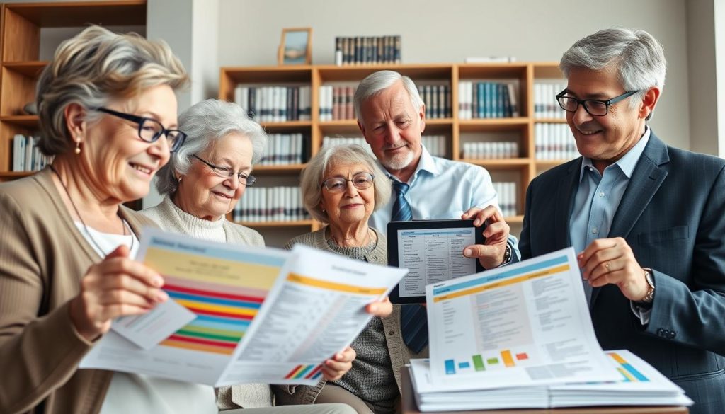 A serene and informative scene depicting a diverse group of seniors over 60, professionally dressed in a warm, inviting office setting. In the foreground, a friendly senior couple examines colorful brochures and charts comparing life insurance options, with expressions of relief and focus. The middle ground features a knowledgeable insurance agent, wearing business attire, gesturing towards a digital tablet displaying an easy-to-understand comparison of policy benefits. The background shows shelves filled with books about financial planning, complemented by soft, natural lighting that creates a warm atmosphere. The image captures the essence of support and guidance, emphasizing a sense of confidence and clarity in making informed decisions about life insurance. The angle should suggest depth, inviting viewers into the conversation. A serene and informative scene depicting a diverse group of seniors over 60, professionally dressed in a warm, inviting office setting. In the foreground, a friendly senior couple examines colorful brochures and charts comparing life insurance options, with expressions of relief and focus. The middle ground features a knowledgeable insurance agent, wearing business attire, gesturing towards a digital tablet displaying an easy-to-understand comparison of policy benefits. The background shows shelves filled with books about financial planning, complemented by soft, natural lighting that creates a warm atmosphere. The image captures the essence of support and guidance, emphasizing a sense of confidence and clarity in making informed decisions about life insurance. The angle should suggest depth, inviting viewers into the conversation.