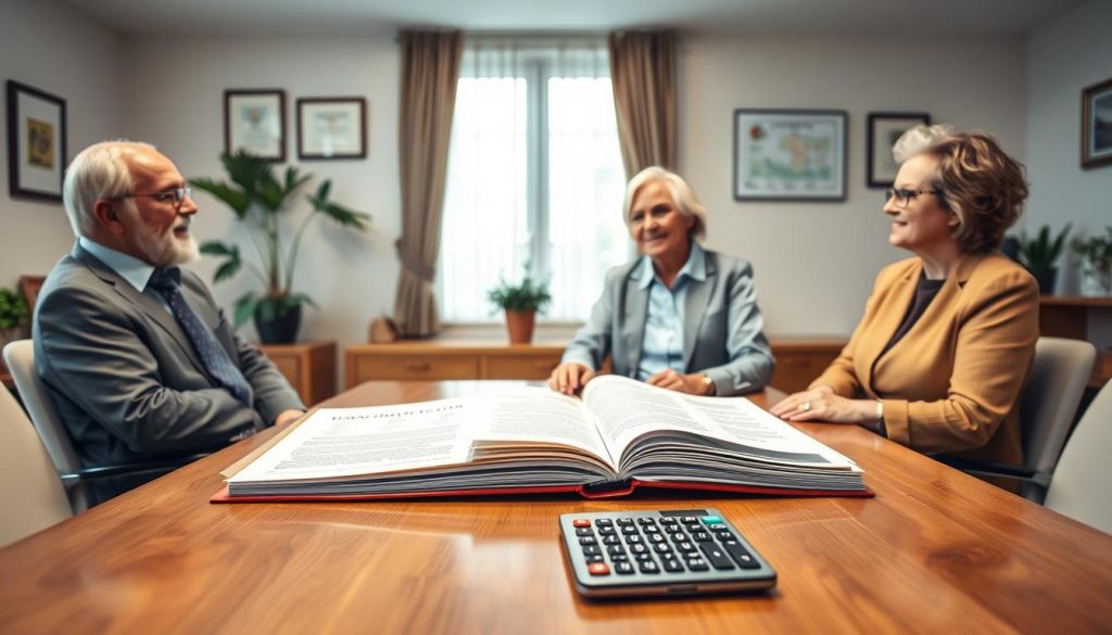 A serene office setting that illustrates the concept of life insurance for seniors. In the foreground, a diverse group of three seniors—one man and two women—are engaged in a friendly discussion, seated around a polished wooden table. They are dressed in professional business attire, exuding warmth and trust. In the middle ground, an open folder displays various life insurance policy documents, stacks of informational brochures, and a calculator, symbolizing the choice and calculation involved in selecting insurance. The background features a large window with soft, natural light filtering in, illuminating a cozy, inviting atmosphere with potted plants and framed certificates on the walls. The mood is calm and reassuring, capturing the essence of informed decision-making in life insurance for seniors 60+. A serene office setting that illustrates the concept of life insurance for seniors. In the foreground, a diverse group of three seniors—one man and two women—are engaged in a friendly discussion, seated around a polished wooden table. They are dressed in professional business attire, exuding warmth and trust. In the middle ground, an open folder displays various life insurance policy documents, stacks of informational brochures, and a calculator, symbolizing the choice and calculation involved in selecting insurance. The background features a large window with soft, natural light filtering in, illuminating a cozy, inviting atmosphere with potted plants and framed certificates on the walls. The mood is calm and reassuring, capturing the essence of informed decision-making in life insurance for seniors 60+.