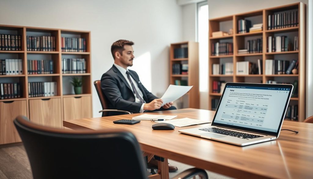 A serene office space designed for financial consultations, featuring a sleek wooden desk and a comfortable chair in the foreground. On the desk, an open laptop displays a financial comparison table, alongside paperwork and a calculator. In the middle background, a well-dressed professional, a man in a smart suit and tie, discusses auto insurance options with a client sitting across from him, who wears professional business attire as well. Soft natural light filters in through a large window, illuminating the scene and creating a warm, inviting atmosphere. In the background, shelves filled with books on finance and insurance accentuate the theme of expertise and trust. The overall mood is one of professionalism and confidence, emphasizing clarity and assurance in finding affordable full coverage auto insurance. A serene office space designed for financial consultations, featuring a sleek wooden desk and a comfortable chair in the foreground. On the desk, an open laptop displays a financial comparison table, alongside paperwork and a calculator. In the middle background, a well-dressed professional, a man in a smart suit and tie, discusses auto insurance options with a client sitting across from him, who wears professional business attire as well. Soft natural light filters in through a large window, illuminating the scene and creating a warm, inviting atmosphere. In the background, shelves filled with books on finance and insurance accentuate the theme of expertise and trust. The overall mood is one of professionalism and confidence, emphasizing clarity and assurance in finding affordable full coverage auto insurance.