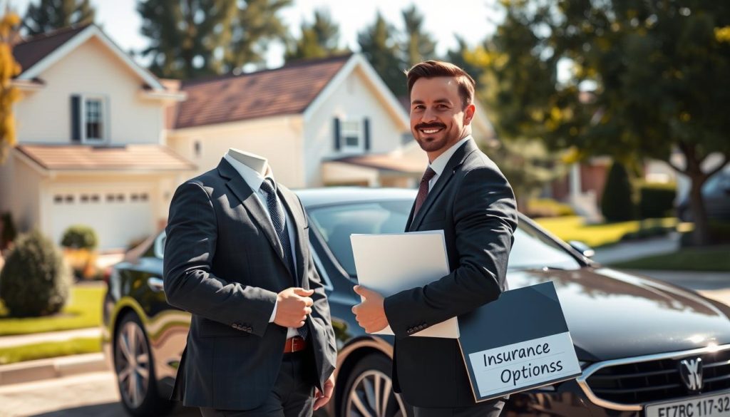 A serene scene depicting a confident professional in a suit standing beside a sleek, modern car, symbolizing full protection auto insurance. In the foreground, the professional looks towards the viewer with a reassuring smile, holding a folder labeled 'Insurance Options.' The middle ground features the car prominently, showcasing its polished exterior under bright, natural sunlight. In the background, a picturesque suburban neighborhood with well-maintained houses and lush greenery conveys a sense of stability and safety. The angle is slightly upward, emphasizing both the car and the professional as symbols of security and investment. The atmosphere is warm and inviting, evoking feelings of trust and reliability, perfect for illustrating the importance of full coverage in auto insurance. A serene scene depicting a confident professional in a suit standing beside a sleek, modern car, symbolizing full protection auto insurance. In the foreground, the professional looks towards the viewer with a reassuring smile, holding a folder labeled 'Insurance Options.' The middle ground features the car prominently, showcasing its polished exterior under bright, natural sunlight. In the background, a picturesque suburban neighborhood with well-maintained houses and lush greenery conveys a sense of stability and safety. The angle is slightly upward, emphasizing both the car and the professional as symbols of security and investment. The atmosphere is warm and inviting, evoking feelings of trust and reliability, perfect for illustrating the importance of full coverage in auto insurance.