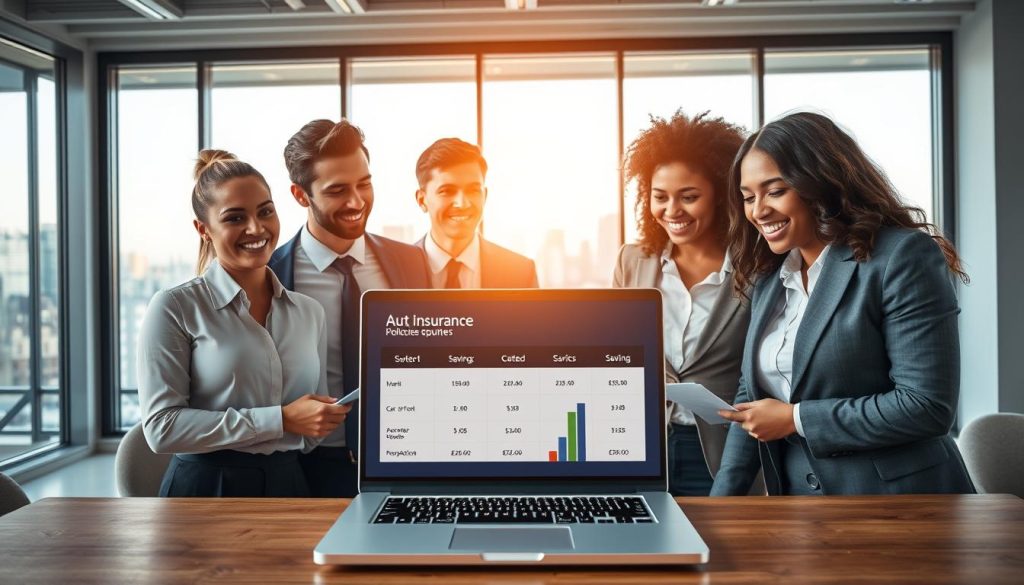 A vibrant, inviting scene illustrating economical auto insurance policies. In the foreground, a diverse group of professionals in smart business attire is gathered around a computer, discussing car insurance options. The middle layer features an open laptop displaying an eye-catching comparison of car insurance quotes with colorful graphs and icons representing savings. In the background, a bright modern office environment with large windows showcases a cityscape, illuminated by warm, natural light to create an optimistic mood. The camera angle is slightly above eye level to capture both the engaged expressions of the professionals and the details on the screen. The overall atmosphere is focused, encouraging, and motivating, reflecting the theme of finding affordable car insurance options. A vibrant, inviting scene illustrating economical auto insurance policies. In the foreground, a diverse group of professionals in smart business attire is gathered around a computer, discussing car insurance options. The middle layer features an open laptop displaying an eye-catching comparison of car insurance quotes with colorful graphs and icons representing savings. In the background, a bright modern office environment with large windows showcases a cityscape, illuminated by warm, natural light to create an optimistic mood. The camera angle is slightly above eye level to capture both the engaged expressions of the professionals and the details on the screen. The overall atmosphere is focused, encouraging, and motivating, reflecting the theme of finding affordable car insurance options.