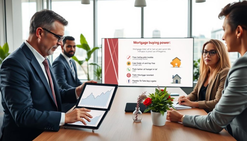A vibrant office setting showcasing a diverse group of professionals gathered around a modern conference table, analyzing mortgage buying power strategies. In the foreground, a middle-aged man in a tailored suit points at a digital tablet displaying a graph of fluctuating mortgage rates while a younger woman in a smart blazer takes notes. In the middle, a large screen shows bullet points of mortgage improvement tips illustrated by icons such as a piggy bank, calculator, and house. The background features a bright window with natural light flooding the room, plants strategically placed for a fresh atmosphere, and a cityscape visible outside. The mood is focused and collaborative, capturing the energy of a productive business discussion. A vibrant office setting showcasing a diverse group of professionals gathered around a modern conference table, analyzing mortgage buying power strategies. In the foreground, a middle-aged man in a tailored suit points at a digital tablet displaying a graph of fluctuating mortgage rates while a younger woman in a smart blazer takes notes. In the middle, a large screen shows bullet points of mortgage improvement tips illustrated by icons such as a piggy bank, calculator, and house. The background features a bright window with natural light flooding the room, plants strategically placed for a fresh atmosphere, and a cityscape visible outside. The mood is focused and collaborative, capturing the energy of a productive business discussion.