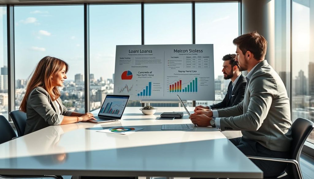 A visually engaging composition illustrating loan repayment strategies, featuring a modern office environment in the foreground with a diverse group of three professionals—one woman and two men—all dressed in business attire, gathered around a sleek conference table. They are analyzing graphs and charts displayed on their laptops, reflecting various loan types like student loans, mortgages, and credit card debt. In the middle ground, a large whiteboard displays colorful diagrams and repayment strategies, emphasizing a strategic approach. The background showcases a panoramic view of a city skyline through large windows, suggesting a bright, prosperous future. Soft, natural lighting filters in, creating an optimistic and collaborative atmosphere, captured from a slightly elevated angle to convey depth and engagement in the discussion. A visually engaging composition illustrating loan repayment strategies, featuring a modern office environment in the foreground with a diverse group of three professionals—one woman and two men—all dressed in business attire, gathered around a sleek conference table. They are analyzing graphs and charts displayed on their laptops, reflecting various loan types like student loans, mortgages, and credit card debt. In the middle ground, a large whiteboard displays colorful diagrams and repayment strategies, emphasizing a strategic approach. The background showcases a panoramic view of a city skyline through large windows, suggesting a bright, prosperous future. Soft, natural lighting filters in, creating an optimistic and collaborative atmosphere, captured from a slightly elevated angle to convey depth and engagement in the discussion.