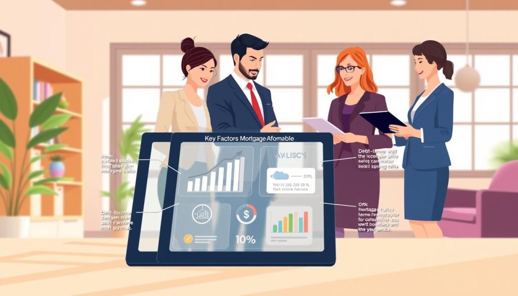 A visually engaging illustration depicting key factors influencing mortgage affordability. In the foreground, a diverse group of three professionals—two businesspeople in smart attire (a man in a suit and a woman in a professional dress), and a financial advisor in business casual—gather around a modern digital tablet displaying graphs and data. The middle ground features a stylized infographic with highlighted elements like income, credit score, debt-to-income ratio, and down payment, represented with icons and charts. In the background, a cozy office setting with large windows letting in natural light, soft shadows enhancing the friendly atmosphere. The color palette is warm and inviting, suggesting a sense of trust and professionalism in financial matters. A visually engaging illustration depicting key factors influencing mortgage affordability. In the foreground, a diverse group of three professionals—two businesspeople in smart attire (a man in a suit and a woman in a professional dress), and a financial advisor in business casual—gather around a modern digital tablet displaying graphs and data. The middle ground features a stylized infographic with highlighted elements like income, credit score, debt-to-income ratio, and down payment, represented with icons and charts. In the background, a cozy office setting with large windows letting in natural light, soft shadows enhancing the friendly atmosphere. The color palette is warm and inviting, suggesting a sense of trust and professionalism in financial matters.