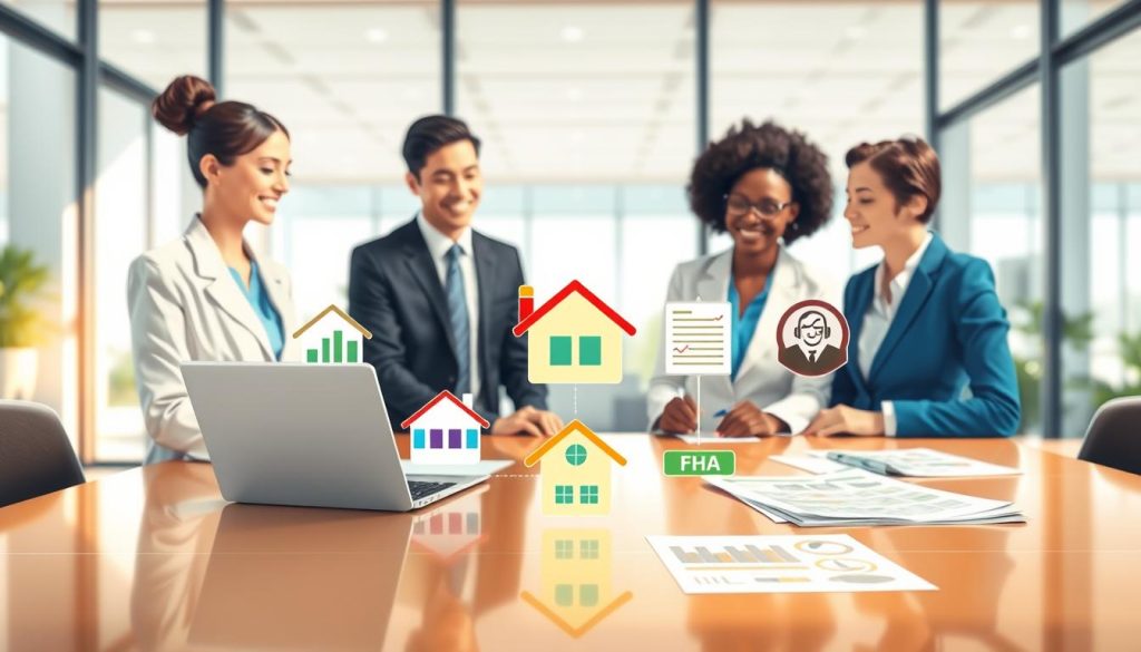 A visually engaging illustration depicting various FHA mortgage options for homeownership, featuring a well-organized infographic style. In the foreground, display a diverse group of three professionals dressed in smart business attire, discussing home loans with an open laptop and documents on a polished conference table. In the middle ground, showcase colorful icons or symbols representing different types of FHA loans, like a house, calculator, and charts, creating an inviting and informative atmosphere. The background should have soft-focus elements of a modern office with large windows letting in natural light to convey a sense of optimism and professionalism. Use a wide-angle perspective to emphasize collaboration and exploration within the field of real estate. The overall mood should be optimistic and informative, inviting viewers to learn more about FHA home loan options. A visually engaging illustration depicting various FHA mortgage options for homeownership, featuring a well-organized infographic style. In the foreground, display a diverse group of three professionals dressed in smart business attire, discussing home loans with an open laptop and documents on a polished conference table. In the middle ground, showcase colorful icons or symbols representing different types of FHA loans, like a house, calculator, and charts, creating an inviting and informative atmosphere. The background should have soft-focus elements of a modern office with large windows letting in natural light to convey a sense of optimism and professionalism. Use a wide-angle perspective to emphasize collaboration and exploration within the field of real estate. The overall mood should be optimistic and informative, inviting viewers to learn more about FHA home loan options.