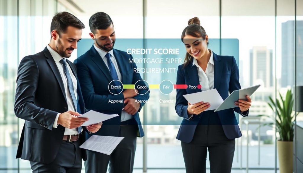 A visually engaging infographic-style image depicting mortgage credit score requirements. In the foreground, include a diverse group of three professionals in smart business attire—two men and one woman—analyzing documents, with one holding a calculator. In the middle ground, illustrate a large digital display board showcasing various credit score ranges (e.g., Excellent, Good, Fair, Poor) with corresponding icons that symbolize approval chances. In the background, subtly feature a modern office setting with glass walls and a view of a city skyline, creating a professional atmosphere. The lighting should be bright and inviting, suggesting a sense of optimism and professionalism. Use a wide-angle perspective to emphasize the collaborative environment focused on mortgage approval. A visually engaging infographic-style image depicting mortgage credit score requirements. In the foreground, include a diverse group of three professionals in smart business attire—two men and one woman—analyzing documents, with one holding a calculator. In the middle ground, illustrate a large digital display board showcasing various credit score ranges (e.g., Excellent, Good, Fair, Poor) with corresponding icons that symbolize approval chances. In the background, subtly feature a modern office setting with glass walls and a view of a city skyline, creating a professional atmosphere. The lighting should be bright and inviting, suggesting a sense of optimism and professionalism. Use a wide-angle perspective to emphasize the collaborative environment focused on mortgage approval.