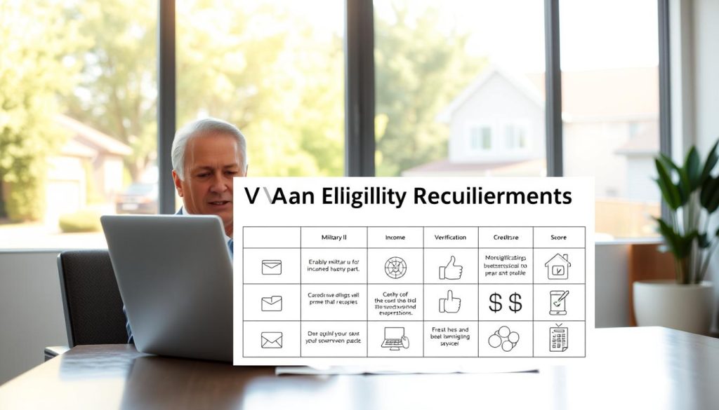 A visually informative depiction of "VA Loan Eligibility Requirements". In the foreground, a professional in business attire, a middle-aged white male, is seated at a modern desk with a laptop, reviewing a document titled "Eligibility Checklist". The middle section features a neatly organized table with icons representing different eligibility criteria, such as military ID, income verification, and credit score, each illustrated with simple graphics. In the background, a large window overlooks a sunny suburban neighborhood, symbolizing homeownership. Soft, natural lighting fills the room, creating a hopeful atmosphere. The camera angle is slightly elevated, focusing on the subject and the table, emphasizing the importance of these requirements in achieving homeownership. A visually informative depiction of "VA Loan Eligibility Requirements". In the foreground, a professional in business attire, a middle-aged white male, is seated at a modern desk with a laptop, reviewing a document titled "Eligibility Checklist". The middle section features a neatly organized table with icons representing different eligibility criteria, such as military ID, income verification, and credit score, each illustrated with simple graphics. In the background, a large window overlooks a sunny suburban neighborhood, symbolizing homeownership. Soft, natural lighting fills the room, creating a hopeful atmosphere. The camera angle is slightly elevated, focusing on the subject and the table, emphasizing the importance of these requirements in achieving homeownership.