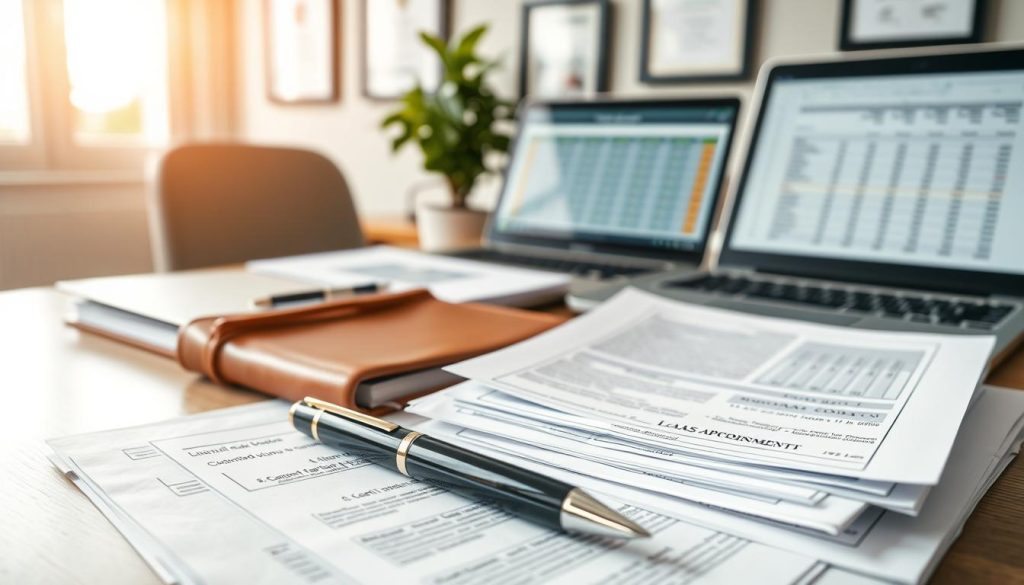 A well-organized office desk scene illustrating the loan approval process documentation. In the foreground, a neatly arranged pile of essential documents such as loan applications, proof of income, bank statements, and credit reports, all in clear view. Beside the documents, a sleek pen rests on a leather notebook, suggesting preparation and professionalism. In the middle ground, a laptop displays a detailed financial spreadsheet, reflecting an active review process. In the background, a soft-focus wall with framed certificates and a plant adds a warm, professional atmosphere. The lighting is bright and inviting, enhancing the sense of productivity, with natural sunlight filtering through a nearby window. The mood is focused and serious, embodying the importance of detailed documentation in securing loan approval. A well-organized office desk scene illustrating the loan approval process documentation. In the foreground, a neatly arranged pile of essential documents such as loan applications, proof of income, bank statements, and credit reports, all in clear view. Beside the documents, a sleek pen rests on a leather notebook, suggesting preparation and professionalism. In the middle ground, a laptop displays a detailed financial spreadsheet, reflecting an active review process. In the background, a soft-focus wall with framed certificates and a plant adds a warm, professional atmosphere. The lighting is bright and inviting, enhancing the sense of productivity, with natural sunlight filtering through a nearby window. The mood is focused and serious, embodying the importance of detailed documentation in securing loan approval.