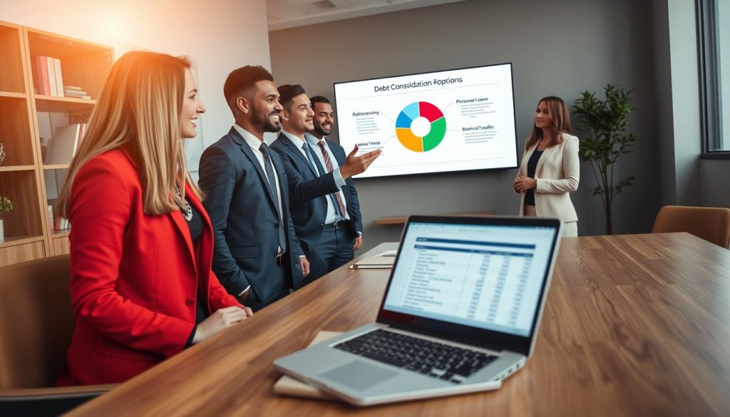 A well-organized office space serves as the backdrop, featuring a sleek wooden desk with a laptop open to a financial spreadsheet. In the foreground, a diverse group of professionals, dressed in smart business attire, are engaged in a discussion about debt consolidation options. One individual gestures toward a colorful pie chart displayed on a visible screen in the background, illustrating different consolidation pathways like refinancing, personal loans, and balance transfers. Soft, natural lighting filters through a large window, casting a warm glow over the scene, creating an atmosphere of collaboration and optimism. The angle captures both the group’s interaction and the modern office environment, emphasizing a sense of empowerment and control over finances. A well-organized office space serves as the backdrop, featuring a sleek wooden desk with a laptop open to a financial spreadsheet. In the foreground, a diverse group of professionals, dressed in smart business attire, are engaged in a discussion about debt consolidation options. One individual gestures toward a colorful pie chart displayed on a visible screen in the background, illustrating different consolidation pathways like refinancing, personal loans, and balance transfers. Soft, natural lighting filters through a large window, casting a warm glow over the scene, creating an atmosphere of collaboration and optimism. The angle captures both the group’s interaction and the modern office environment, emphasizing a sense of empowerment and control over finances.