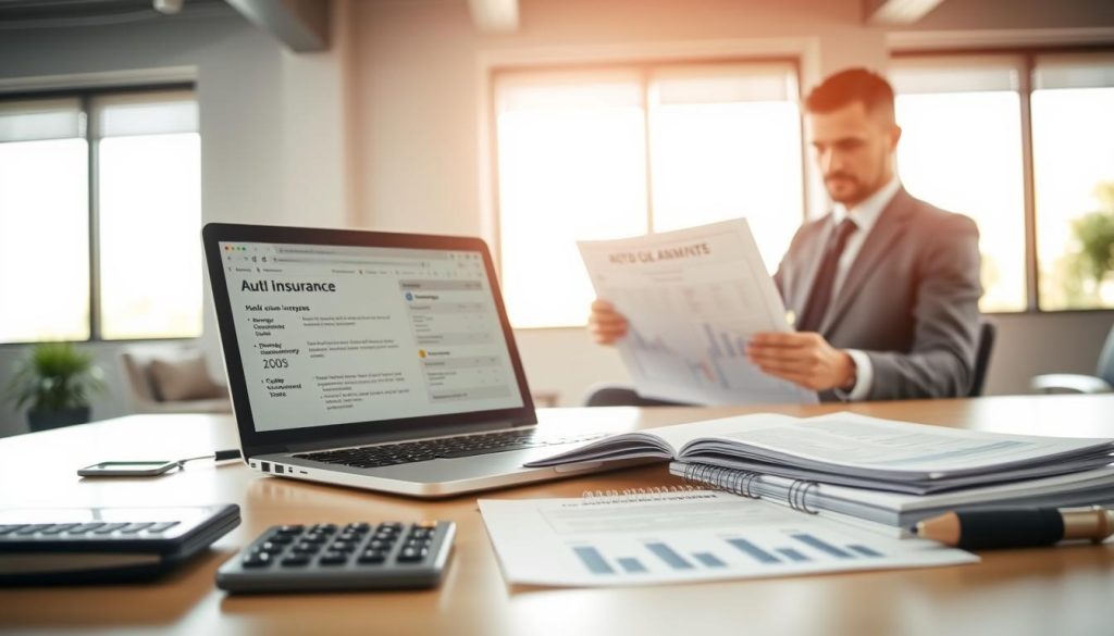 A well-organized workspace showcasing the components of full coverage auto insurance. In the foreground, a neat desk with a laptop displaying a digital brochure of auto insurance policies. Beside it, a calculator, a notepad filled with diagrams of coverage types, and two insurance documents. In the middle ground, a professional dressed in business attire is reviewing a chart that illustrates coverage options, with a focused expression. The background features a blurred office setting with a large window letting warm natural light in, creating a welcoming atmosphere. The overall mood is informative and professional, emphasizing clarity and understanding, captured from a slightly elevated angle to provide depth and focus on the subject matter. A well-organized workspace showcasing the components of full coverage auto insurance. In the foreground, a neat desk with a laptop displaying a digital brochure of auto insurance policies. Beside it, a calculator, a notepad filled with diagrams of coverage types, and two insurance documents. In the middle ground, a professional dressed in business attire is reviewing a chart that illustrates coverage options, with a focused expression. The background features a blurred office setting with a large window letting warm natural light in, creating a welcoming atmosphere. The overall mood is informative and professional, emphasizing clarity and understanding, captured from a slightly elevated angle to provide depth and focus on the subject matter.